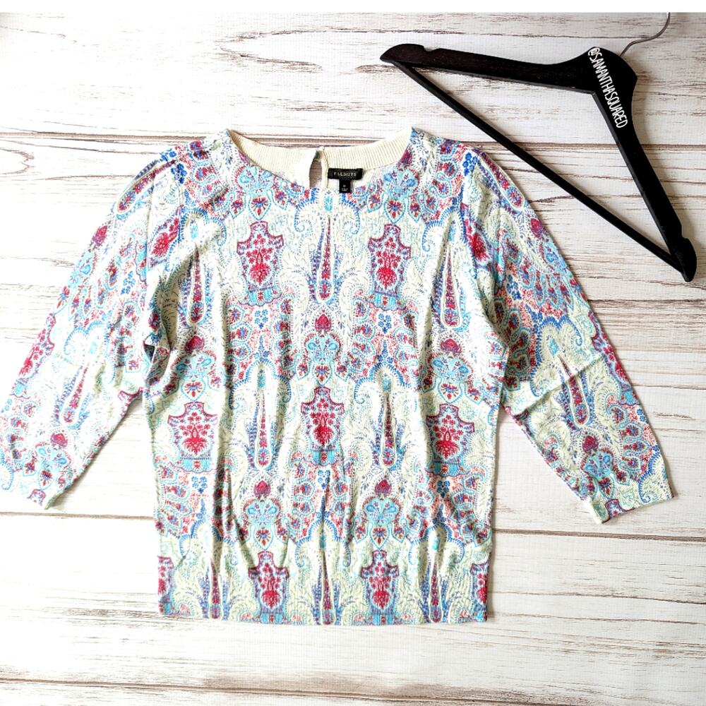 Talbots Printed Crewneck Light Weight Sweater 3/4 sleeve Sz Med